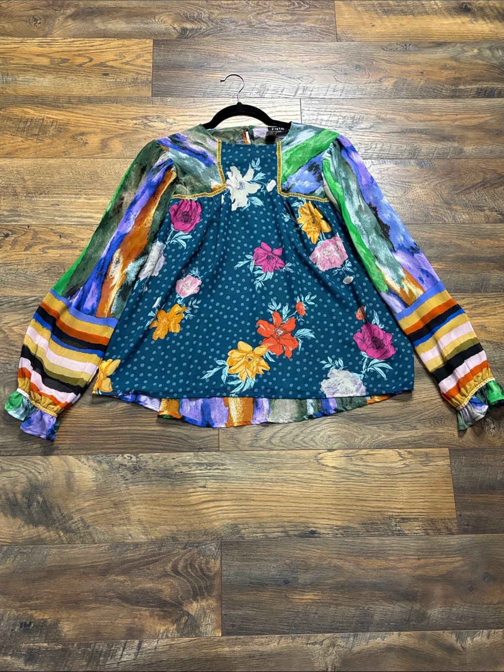Fate Teal Floral & Multicolor Stripe Poet-Sleeve Blouse